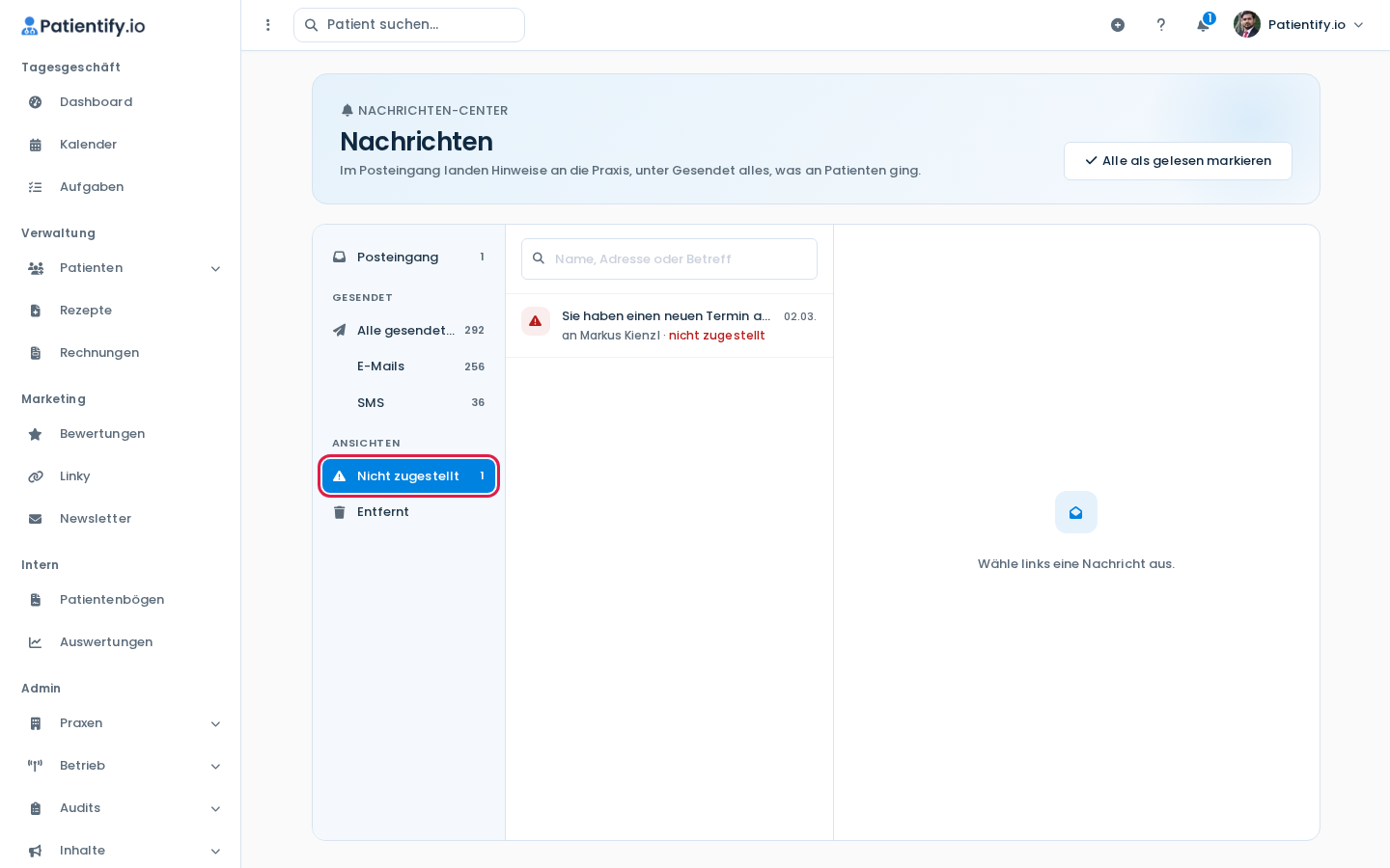 Nachrichten-Center mit geöffneter Ansicht Nicht zugestellt