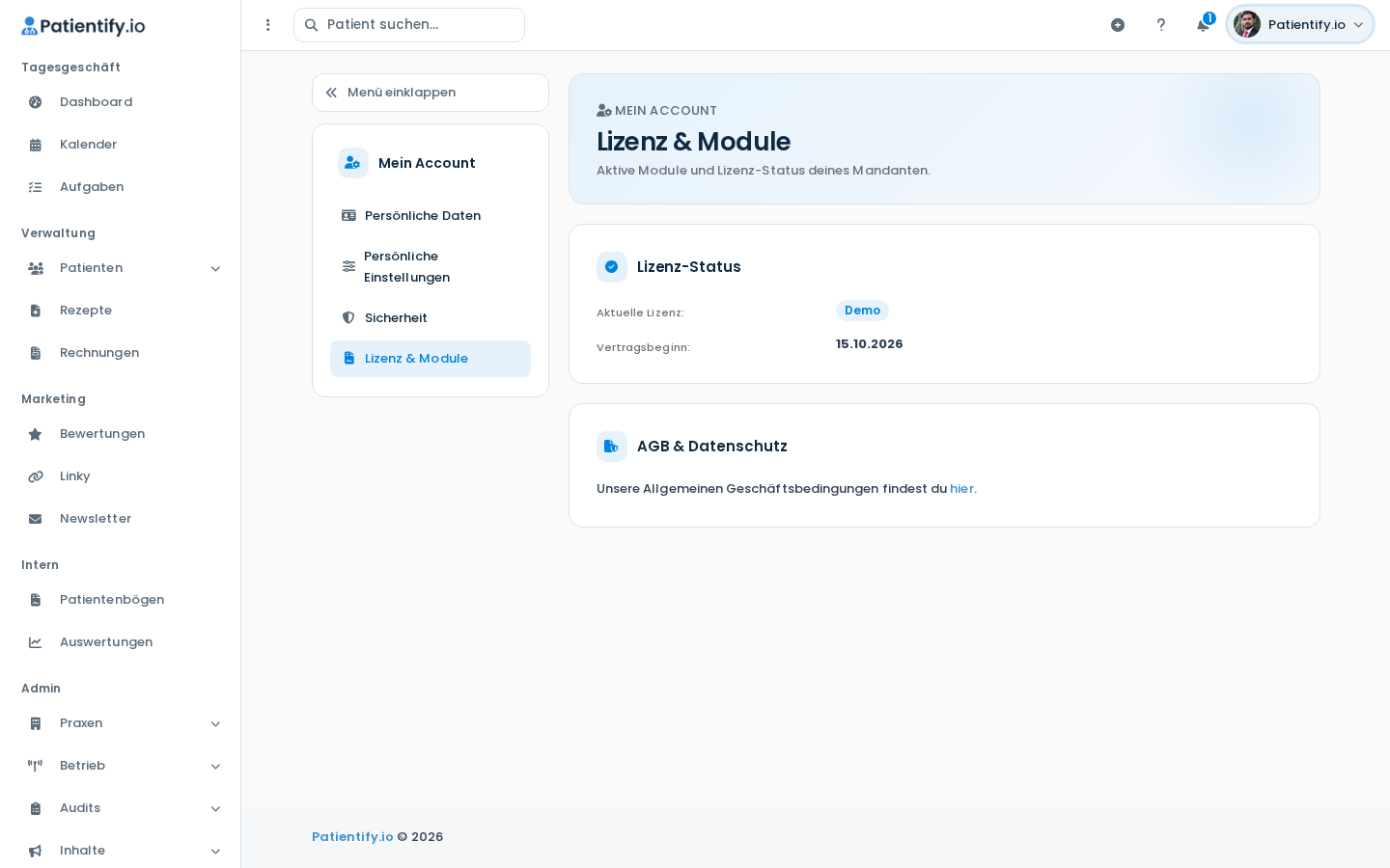 Seite Lizenz & Module mit Lizenz-Status, Vertragsbeginn und Link zu den AGB