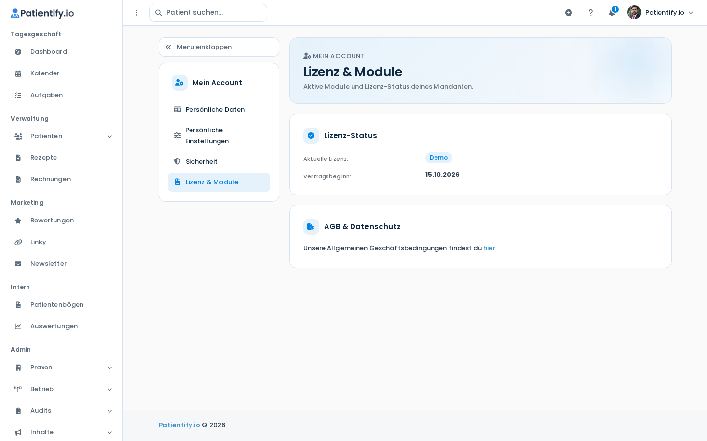 Seite Lizenz & Module in Mein Account mit Lizenz-Status und AGB-Hinweis