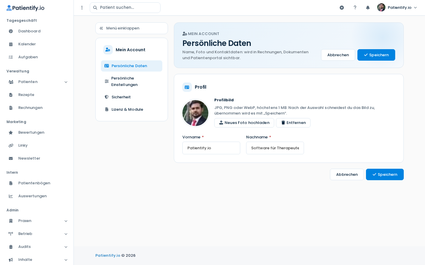 Seite Persönliche Daten mit Profilbild, Vorname und Nachname