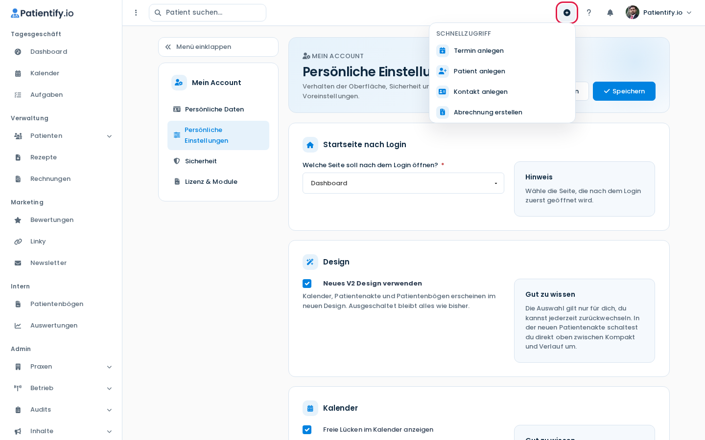 Geöffnetes Plus-Menü im Header mit den Einträgen Termin anlegen, Patient anlegen, Kontakt anlegen und Abrechnung erstellen