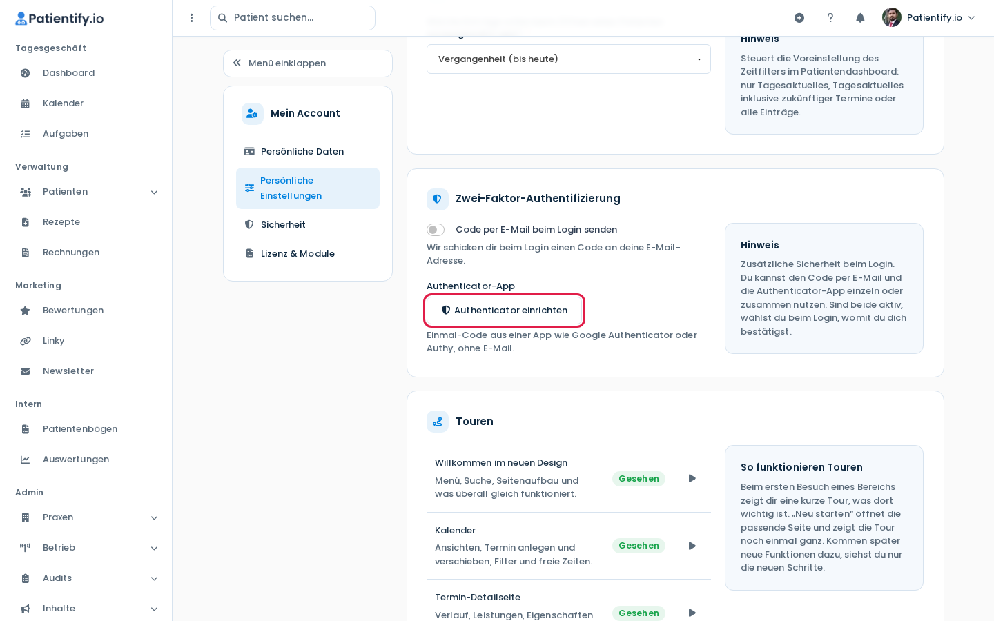 Persönliche Einstellungen mit dem Bereich Zwei-Faktor-Authentifizierung und dem Button Authenticator einrichten