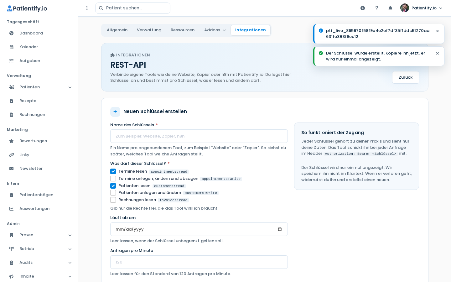 Hinweis mit dem neu erstellten API-Schlüssel