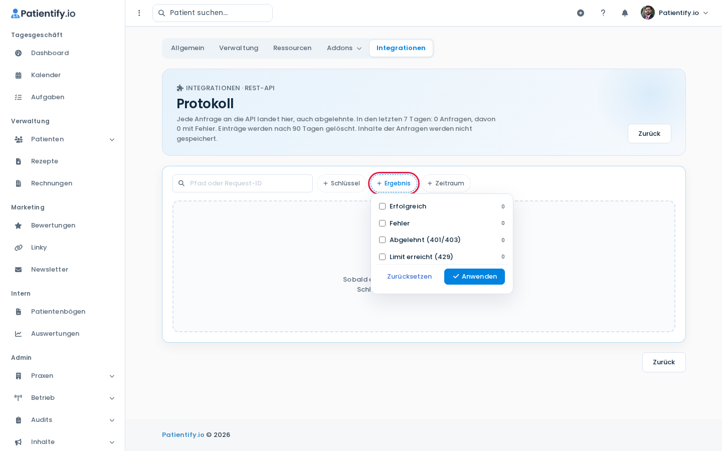 API-Protokoll mit Suchfeld und Filtern