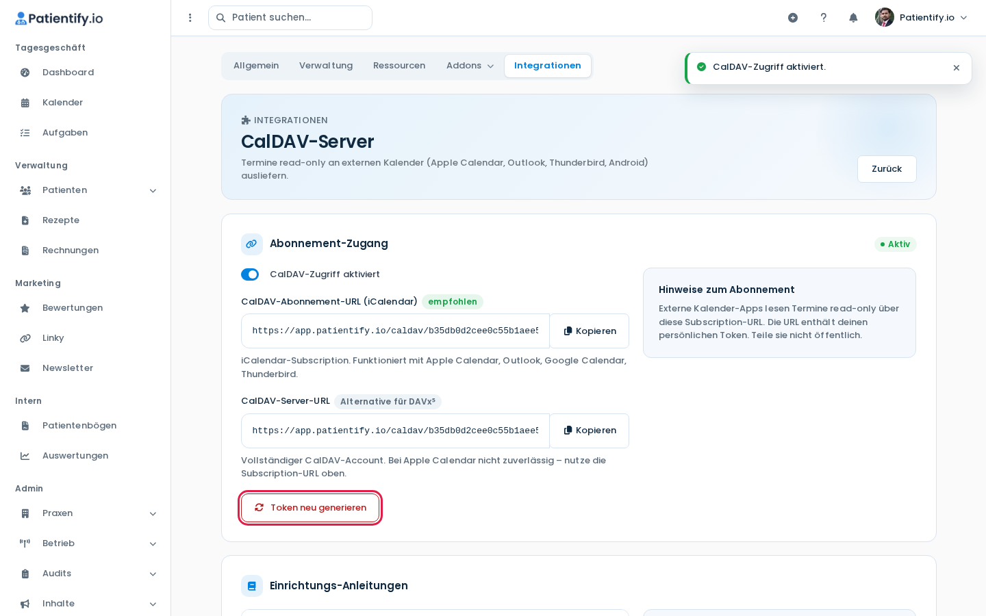 CalDAV-Server-Seite mit eingeschaltetem Zugriff, Status Aktiv und den beiden URLs mit Kopieren-Button