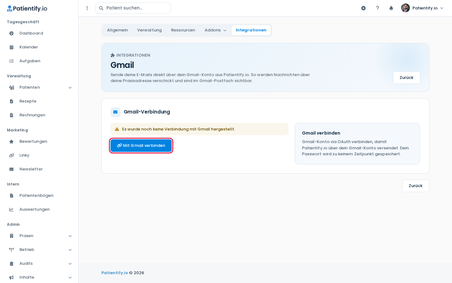 Gmail-Seite mit dem Bereich Gmail-Verbindung und dem Button Mit Gmail verbinden