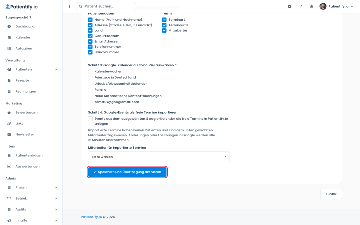 Ziel-Kalender auswählen, Import-Option und Button Speichern und Übertragung aktivieren
