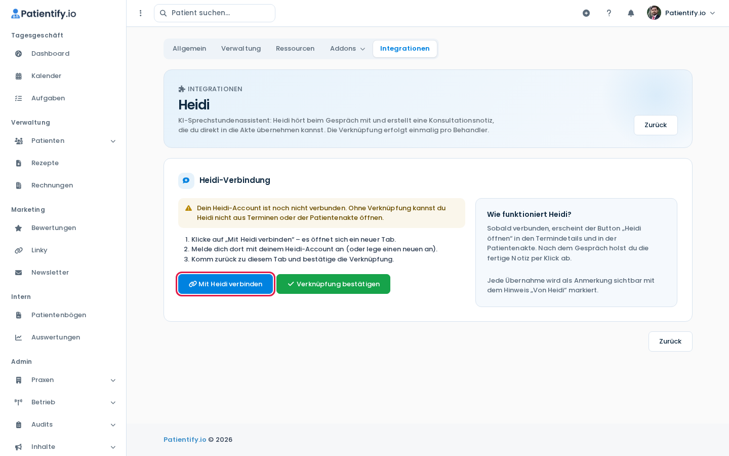 Heidi-Seite in den Integrationen mit den Buttons Mit Heidi verbinden und Verknüpfung bestätigen