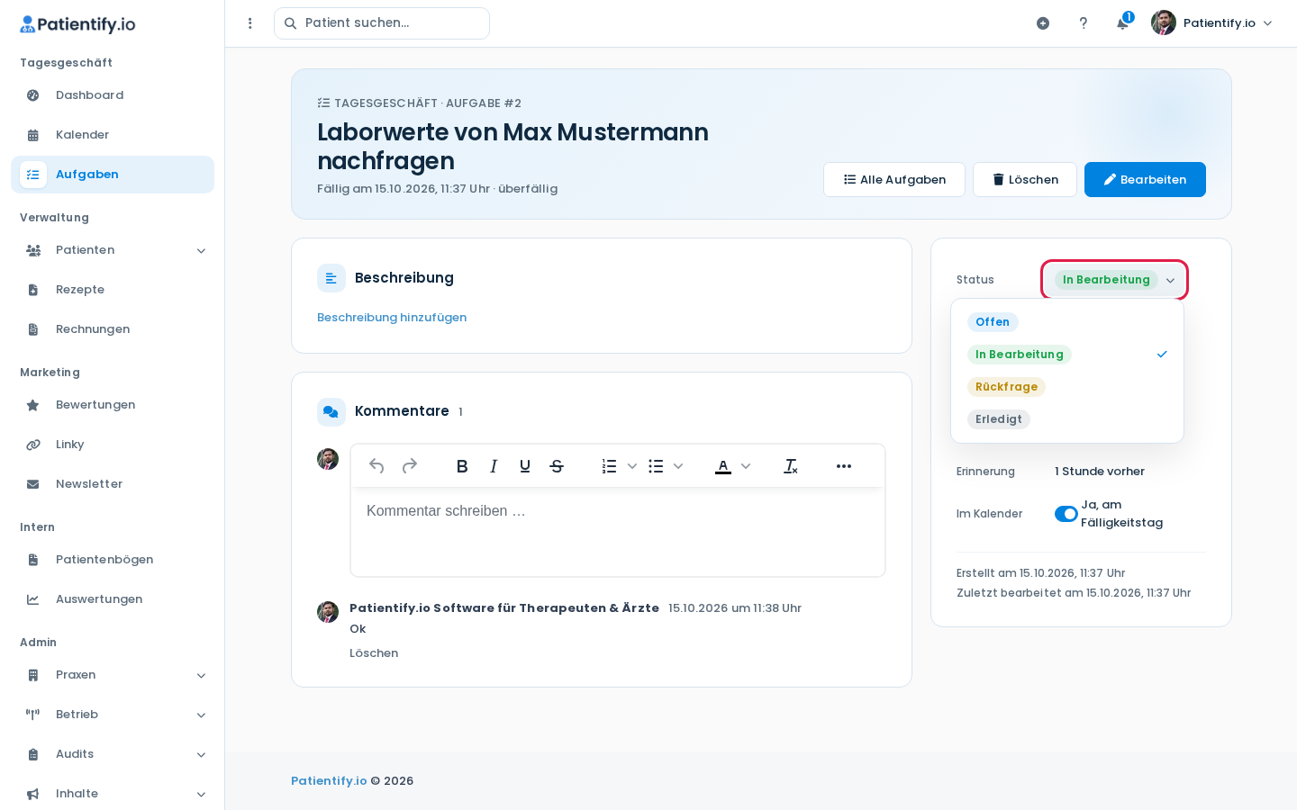 Detailansicht einer Aufgabe mit geöffneter Statusauswahl