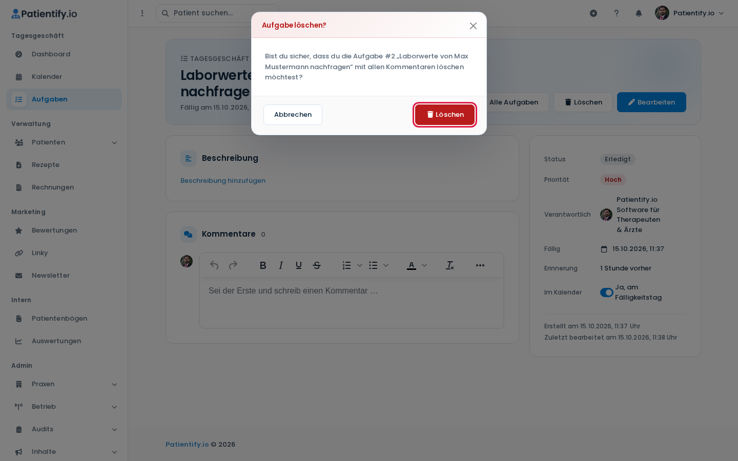 Sicherheitsabfrage Aufgabe löschen mit den Buttons Abbrechen und Löschen