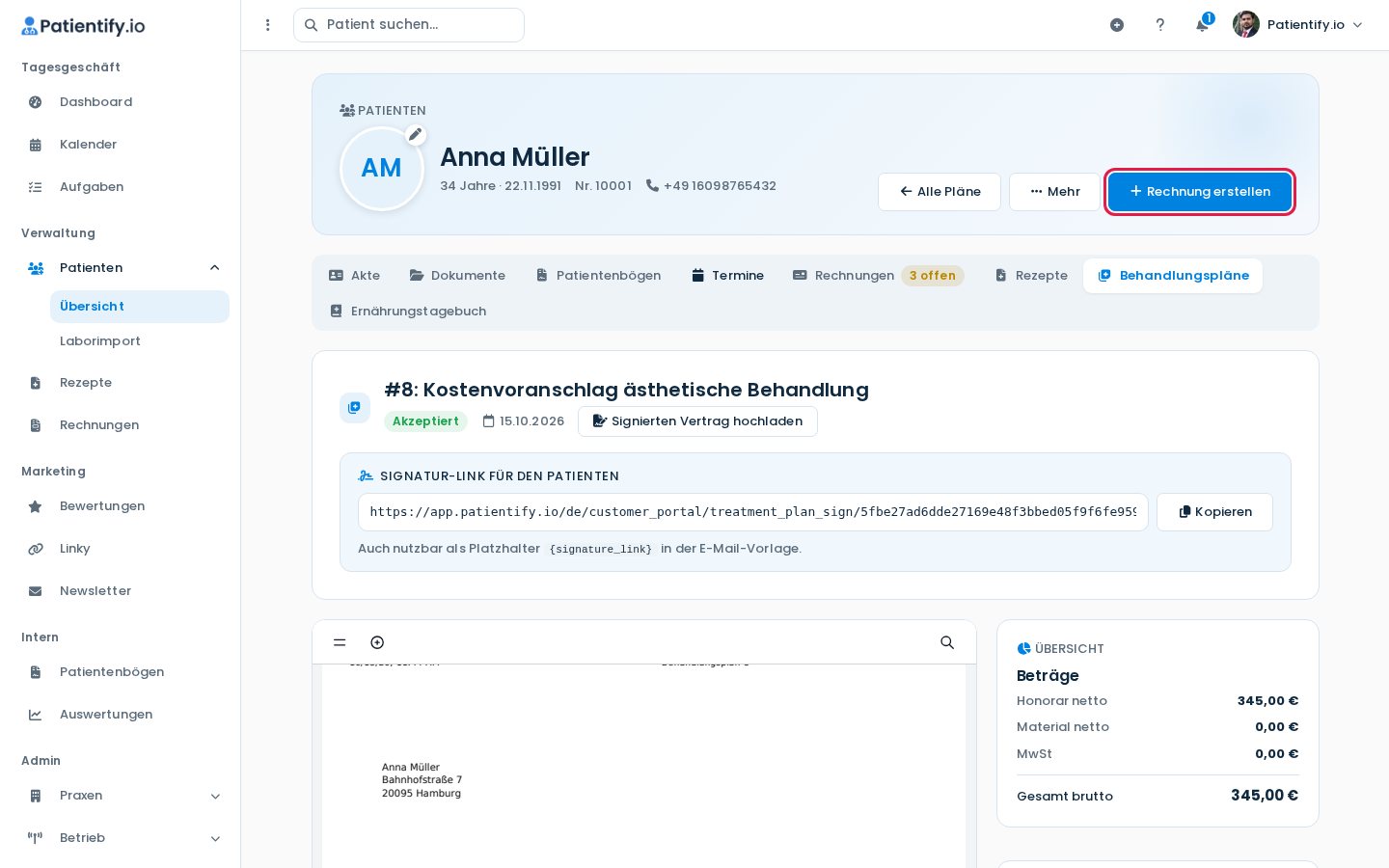 Akzeptierter Behandlungsplan mit der Schaltfläche Rechnung erstellen