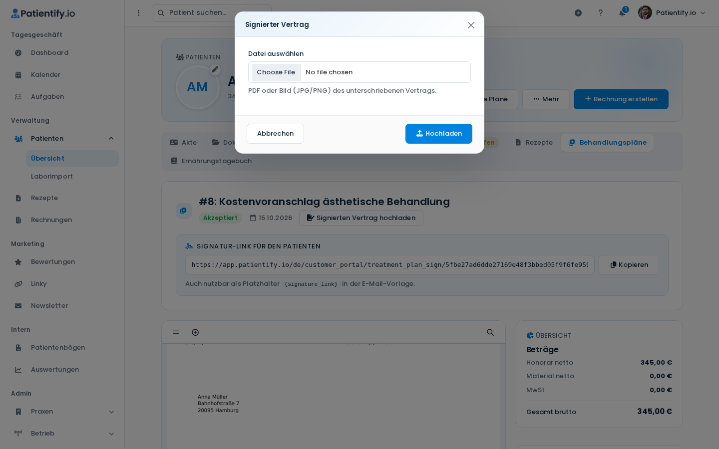 Dialog Signierter Vertrag mit Dateiauswahl und Button Hochladen