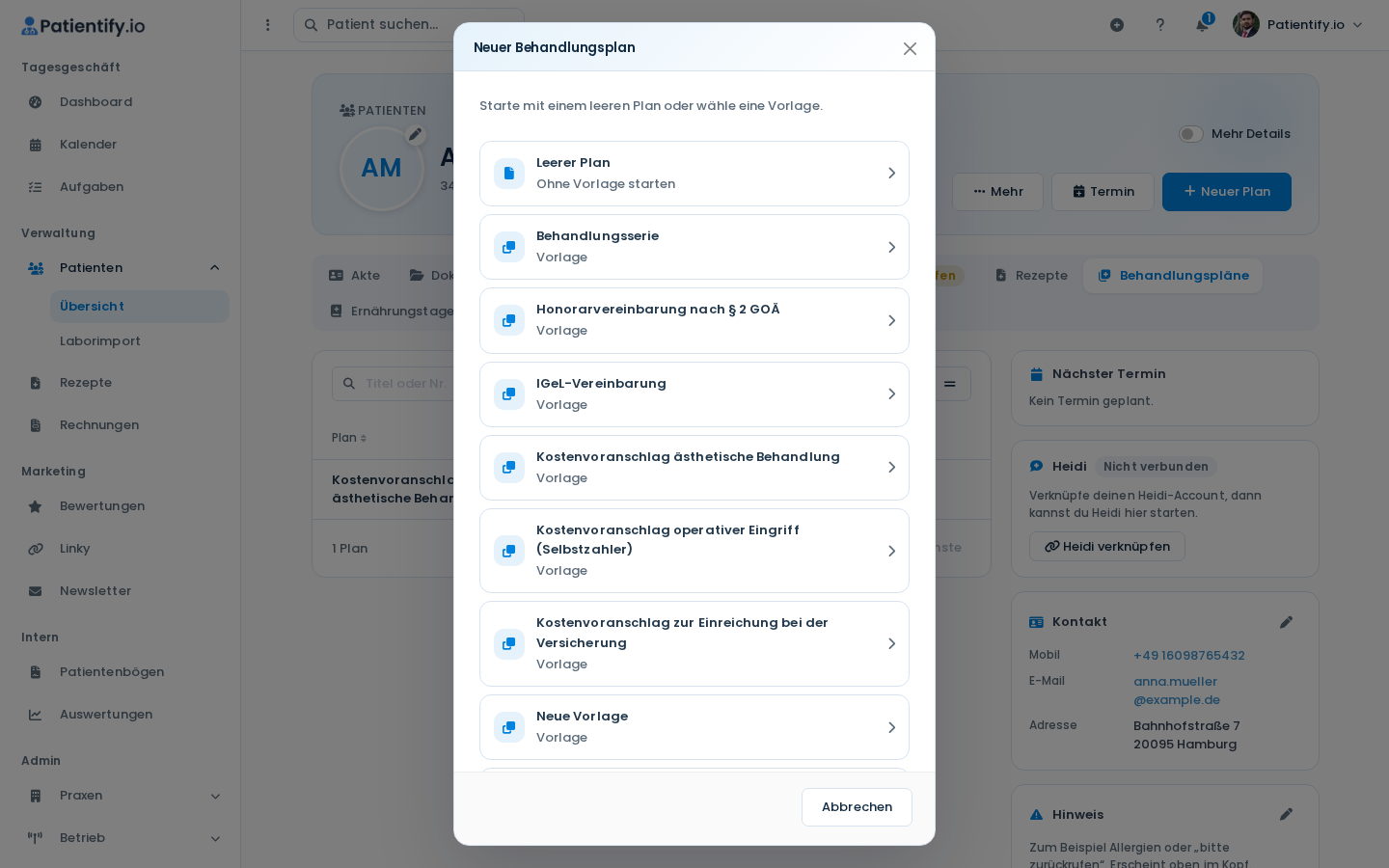 Dialog Neuer Behandlungsplan mit Leerer Plan und Vorlagen