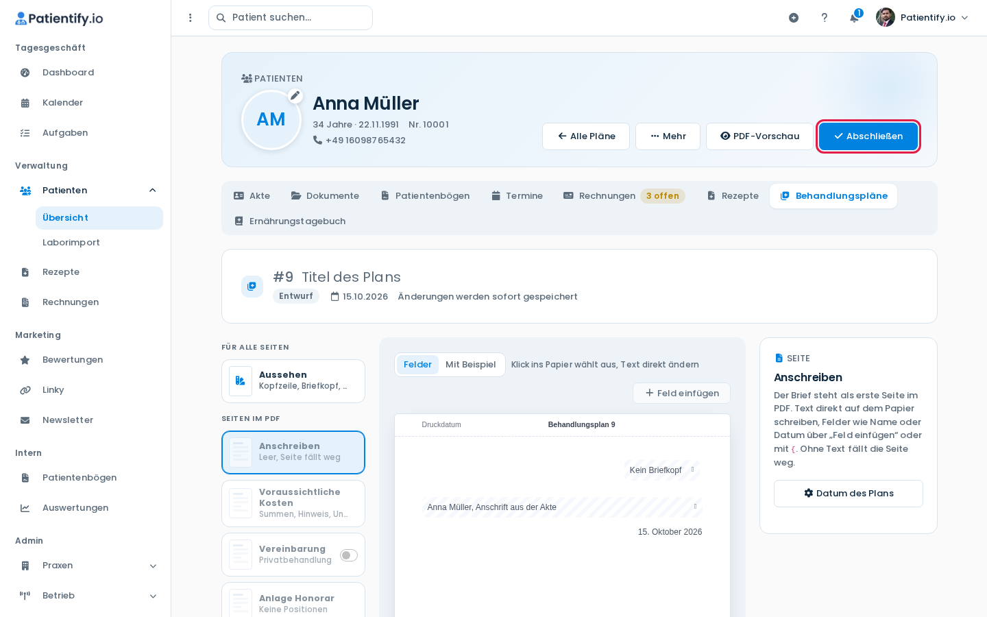 Editor eines Behandlungsplans im Status Entwurf mit den Bereichen links und dem Button Abschließen