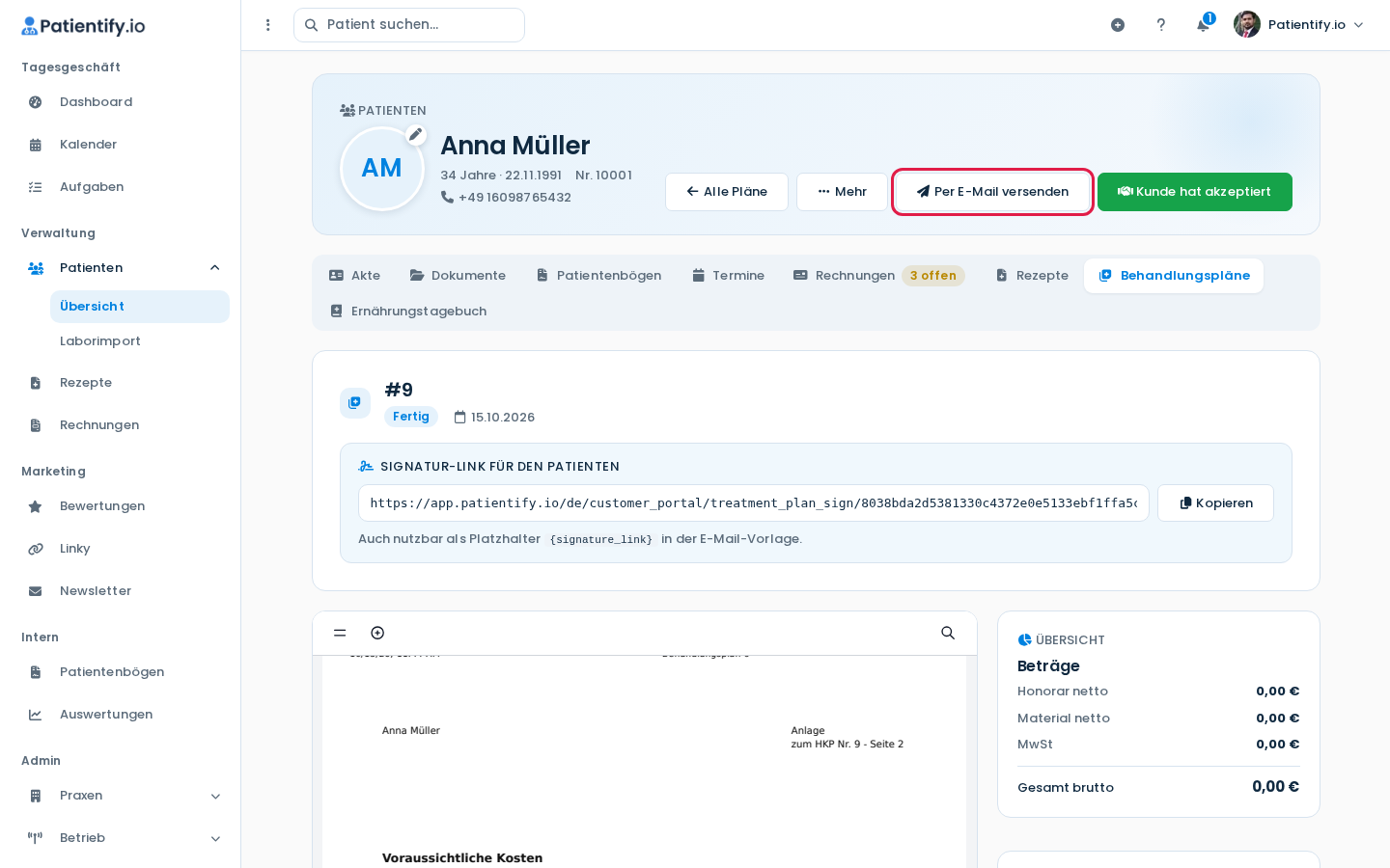Abgeschlossener Plan mit Signatur-Link und den Buttons Per E-Mail versenden und Kunde hat akzeptiert