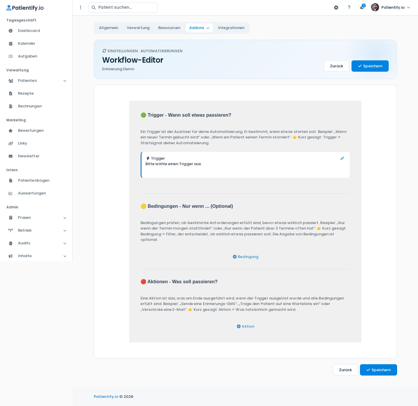 Workflow-Editor mit den Bereichen Trigger, Bedingungen und Aktionen