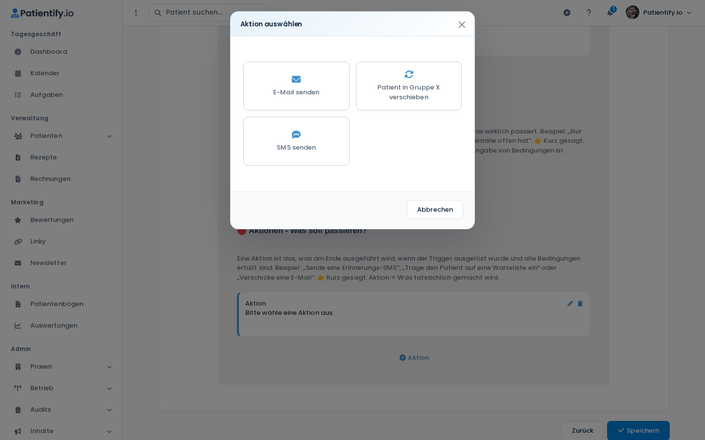 Dialog Aktion auswählen mit der Aktion Patient in Gruppe X verschieben