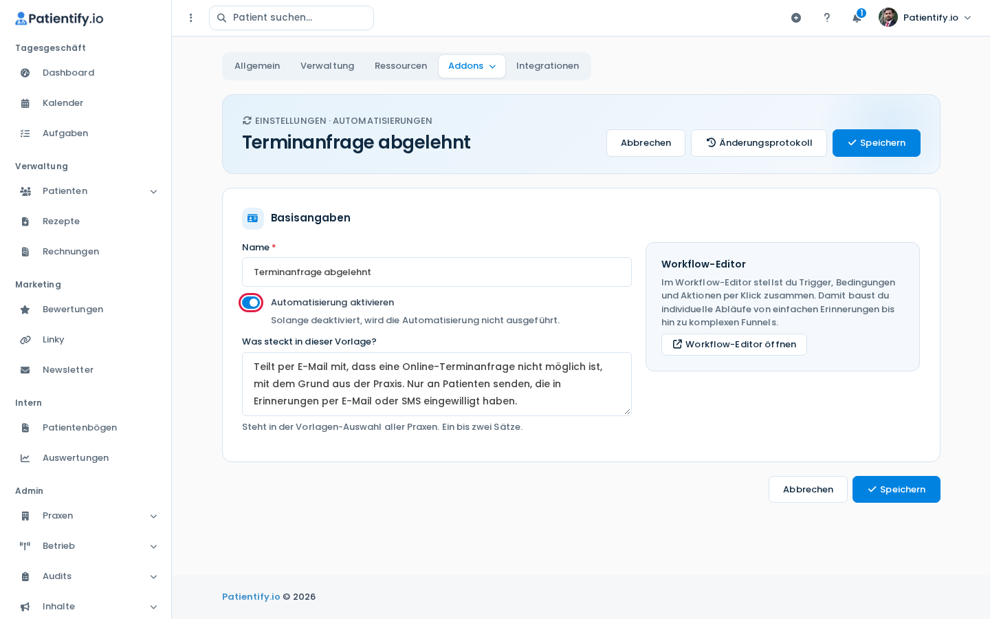Bearbeiten-Ansicht einer Automatisierung mit Name, Schalter Automatisierung aktivieren und Beschreibung
