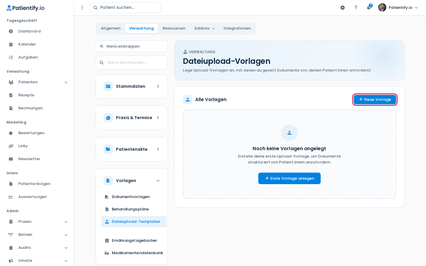 Seite Dateiupload-Vorlagen mit leerer Liste und Button Neue Vorlage