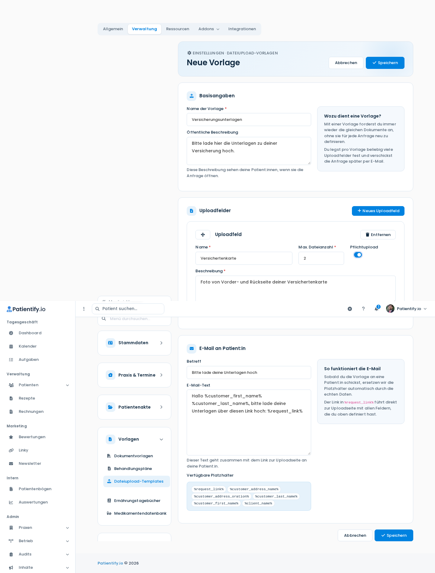 Ausgefülltes Uploadfeld und Bereich E-Mail an Patient:in mit Platzhaltern
