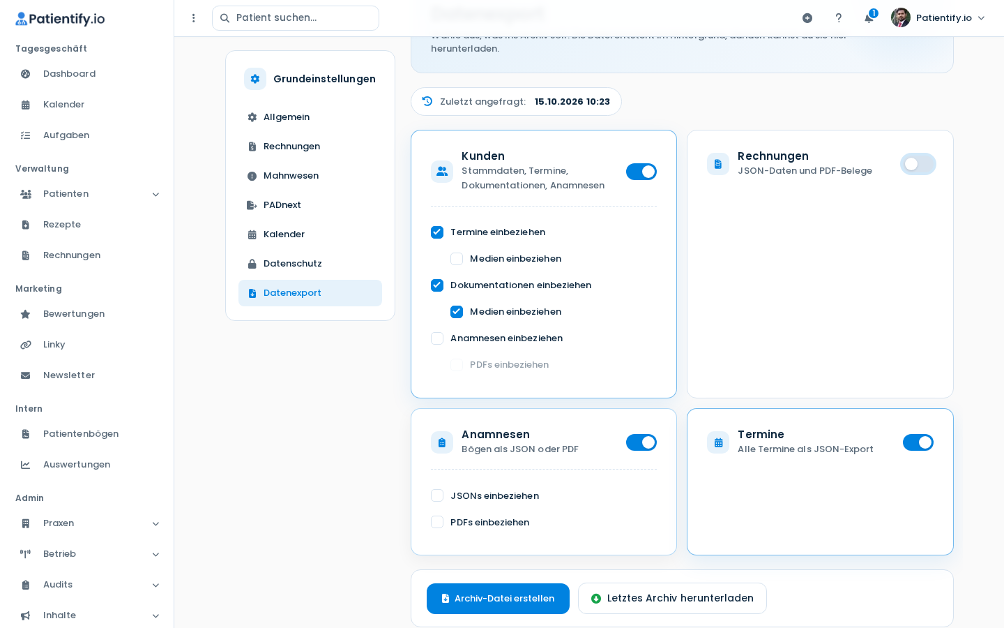 Seite Datenexport mit aktivierten Bereichen und Unteroptionen