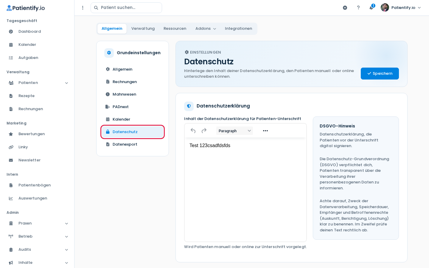 Einstellungen, Bereich Datenschutz mit dem Editor für die Datenschutzerklärung