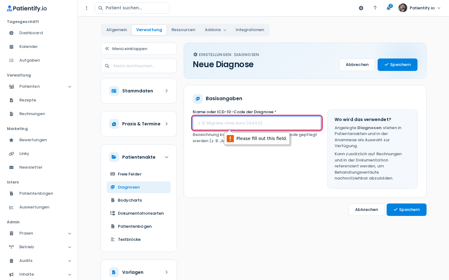 Formular Neue Diagnose mit dem Feld für Name oder ICD-10-Code