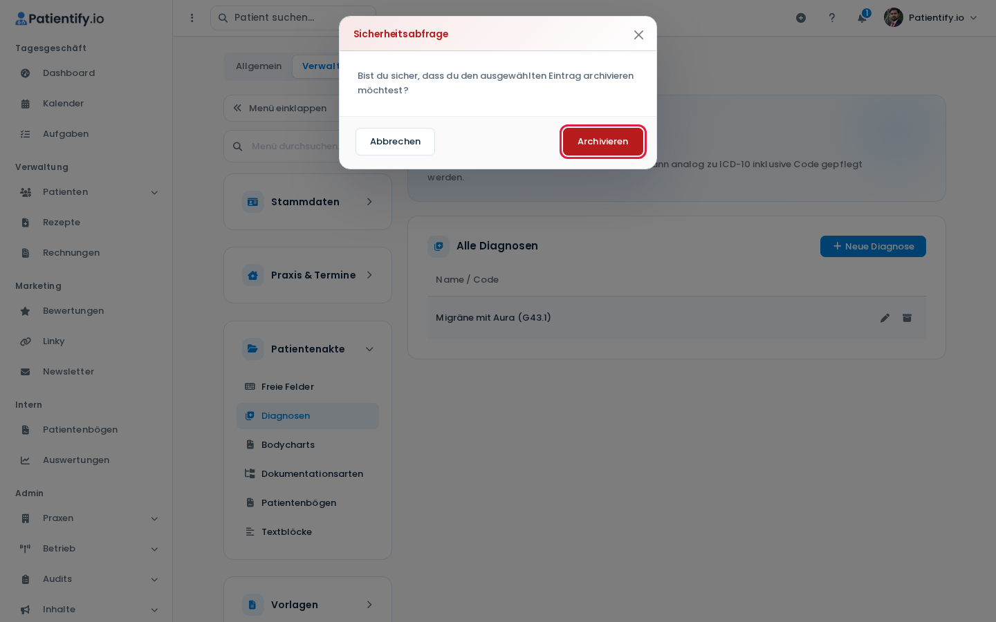 Sicherheitsabfrage vor dem Archivieren einer Diagnose