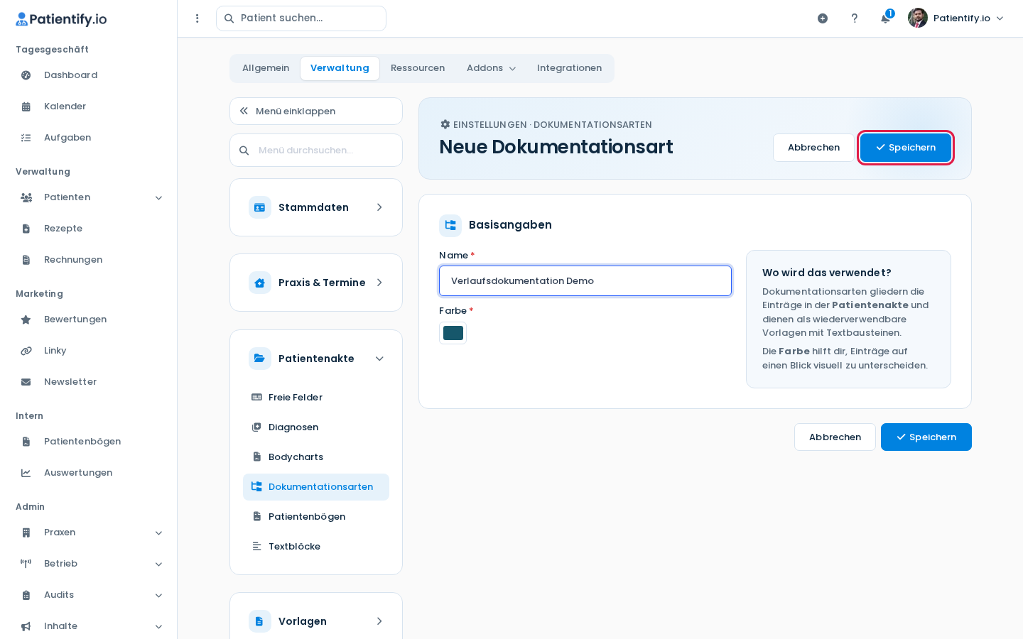 Formular Neue Dokumentationsart mit ausgefülltem Namen und gewählter Farbe
