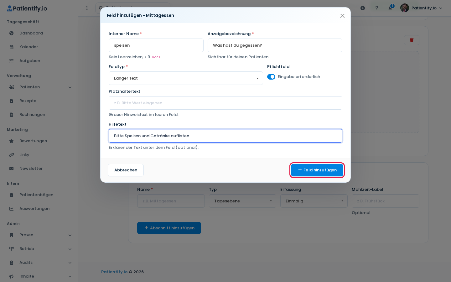 Dialog Feld hinzufügen mit Interner Name, Anzeigebezeichnung, Feldtyp und Pflichtfeld