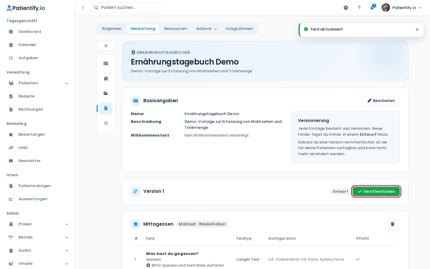 Entwurf einer Tagebuch-Vorlage mit Abschnitt Mittagessen und dem Button Veröffentlichen