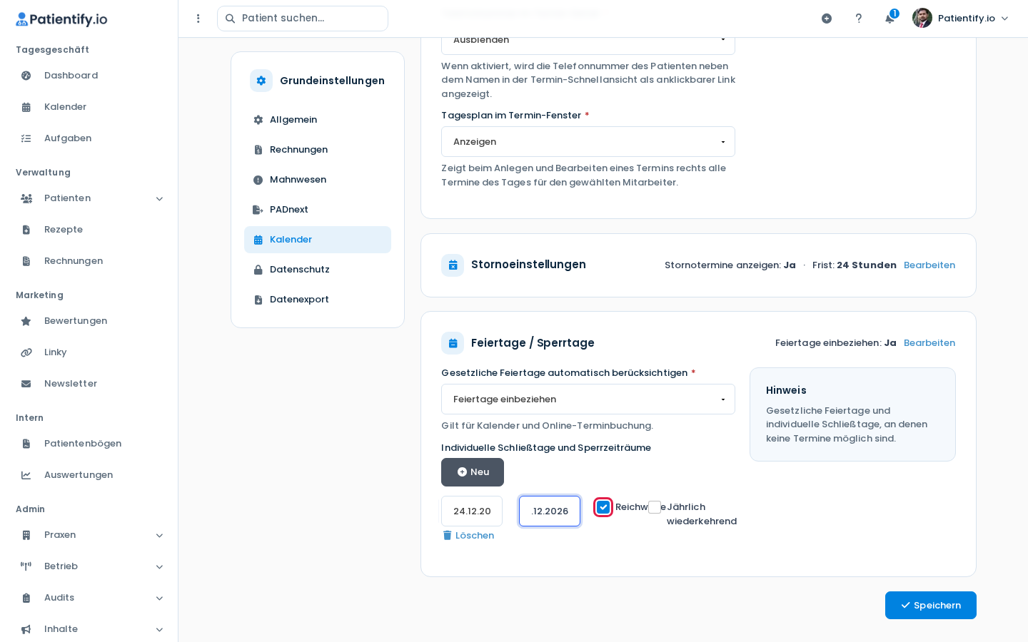 Neuer Schließzeitraum mit aktivierter Reichweite, Beginn- und Enddatum