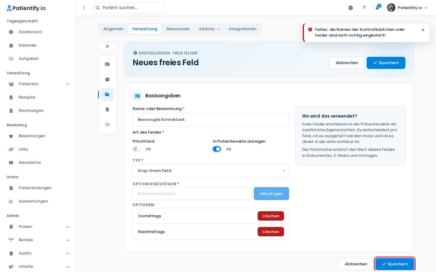 Formular Neues freies Feld mit Typ Drop-Down Field und den Optionen Vormittags und Nachmittags