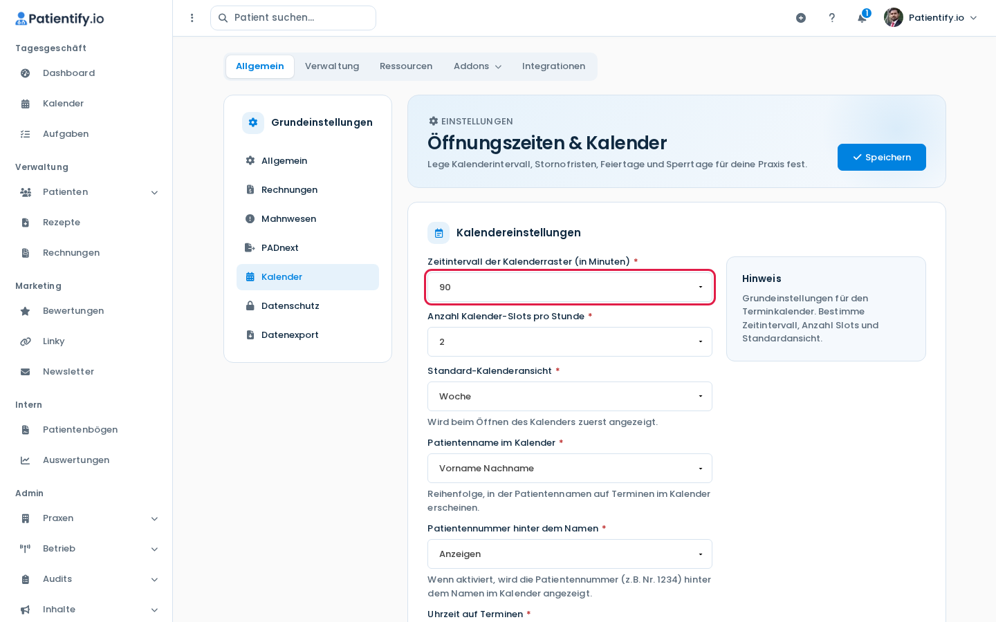 Block Kalendereinstellungen auf der Seite Öffnungszeiten & Kalender