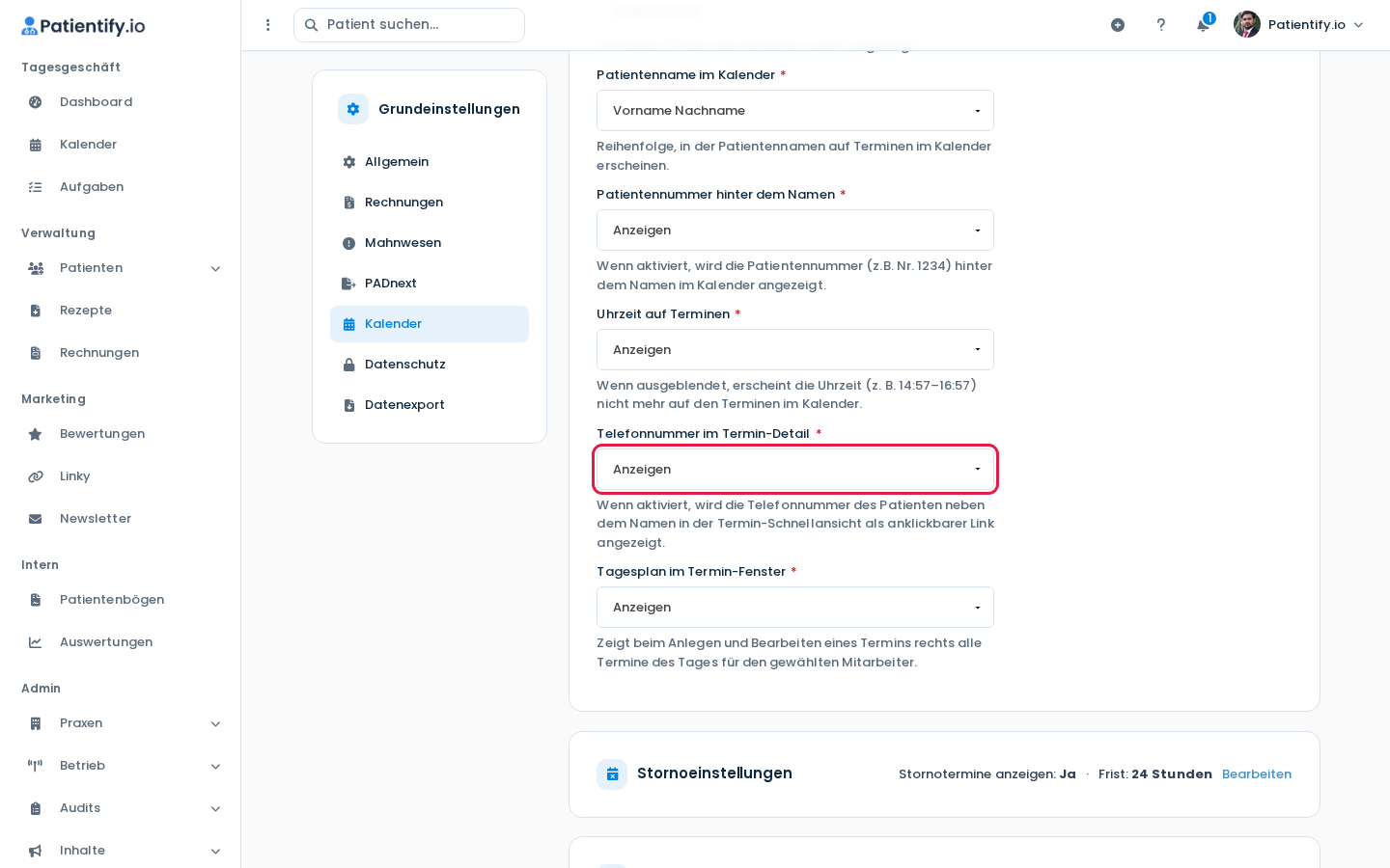 Optionen für Telefonnummer im Termin-Detail und Tagesplan im Termin-Fenster
