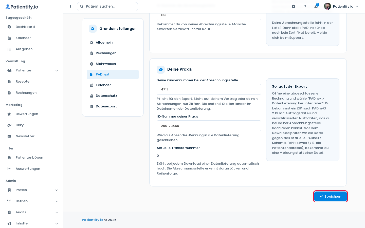 Bereich Deine Praxis mit Kundennummer, IK-Nummer und aktueller Transfernummer