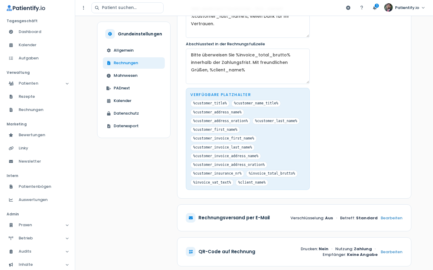 Abschlusstext und Liste der verfügbaren Platzhalter