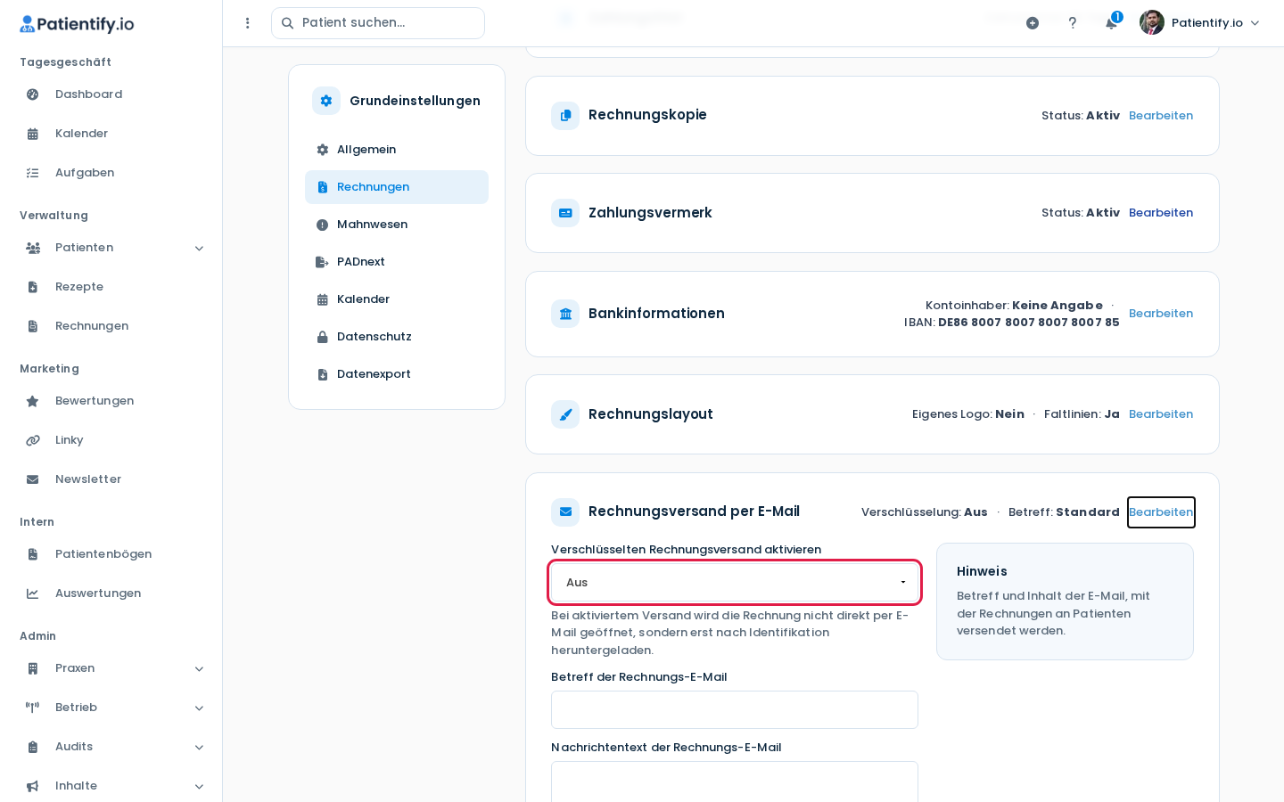 Geöffneter Bereich Rechnungsversand per E-Mail mit Verschlüsselung, Betreff und Nachrichtentext