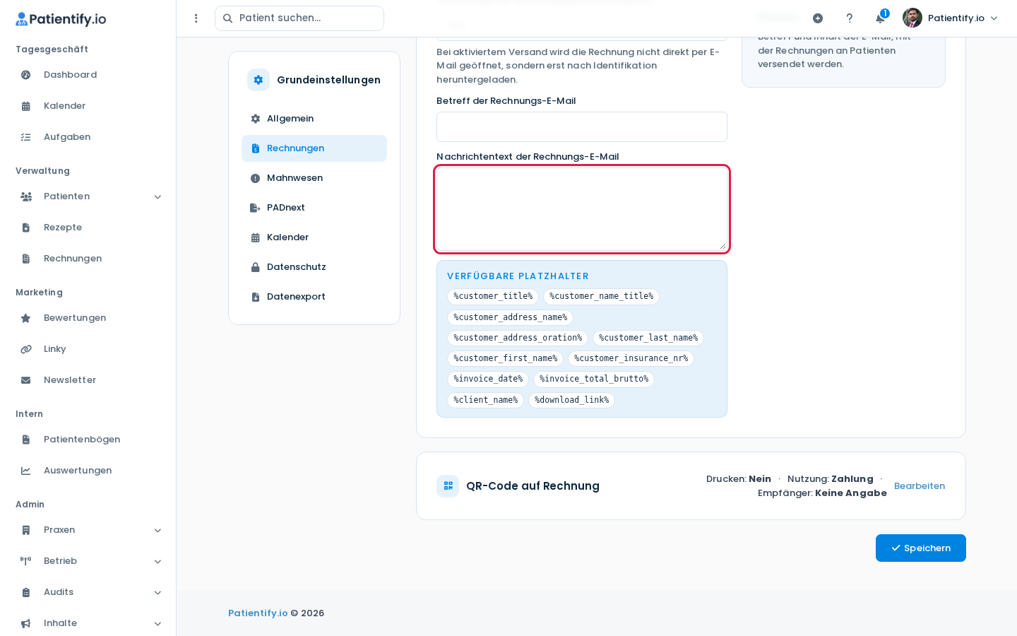 Liste der verfügbaren Platzhalter unter dem Nachrichtentext