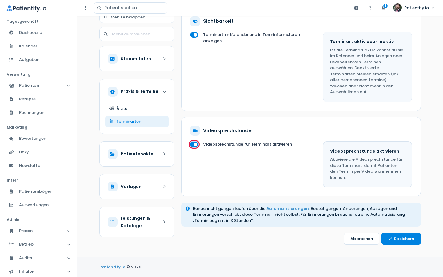 Formular Terminart bearbeiten mit Hinweis auf Automatisierungen unterhalb der Videosprechstunde
