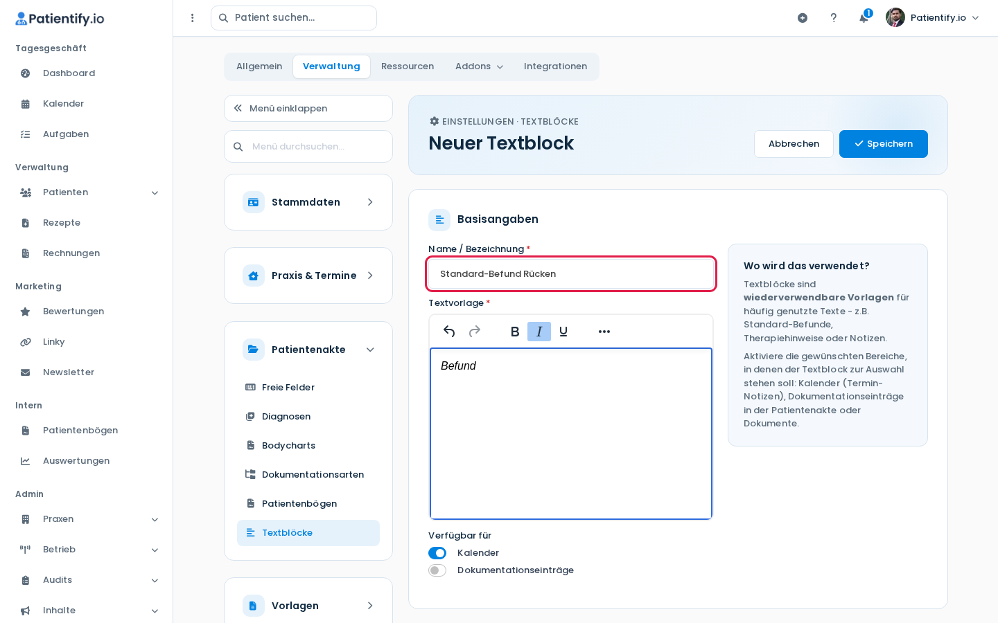 Formular Neuer Textblock mit Name, Textvorlage und den Schaltern unter Verfügbar für