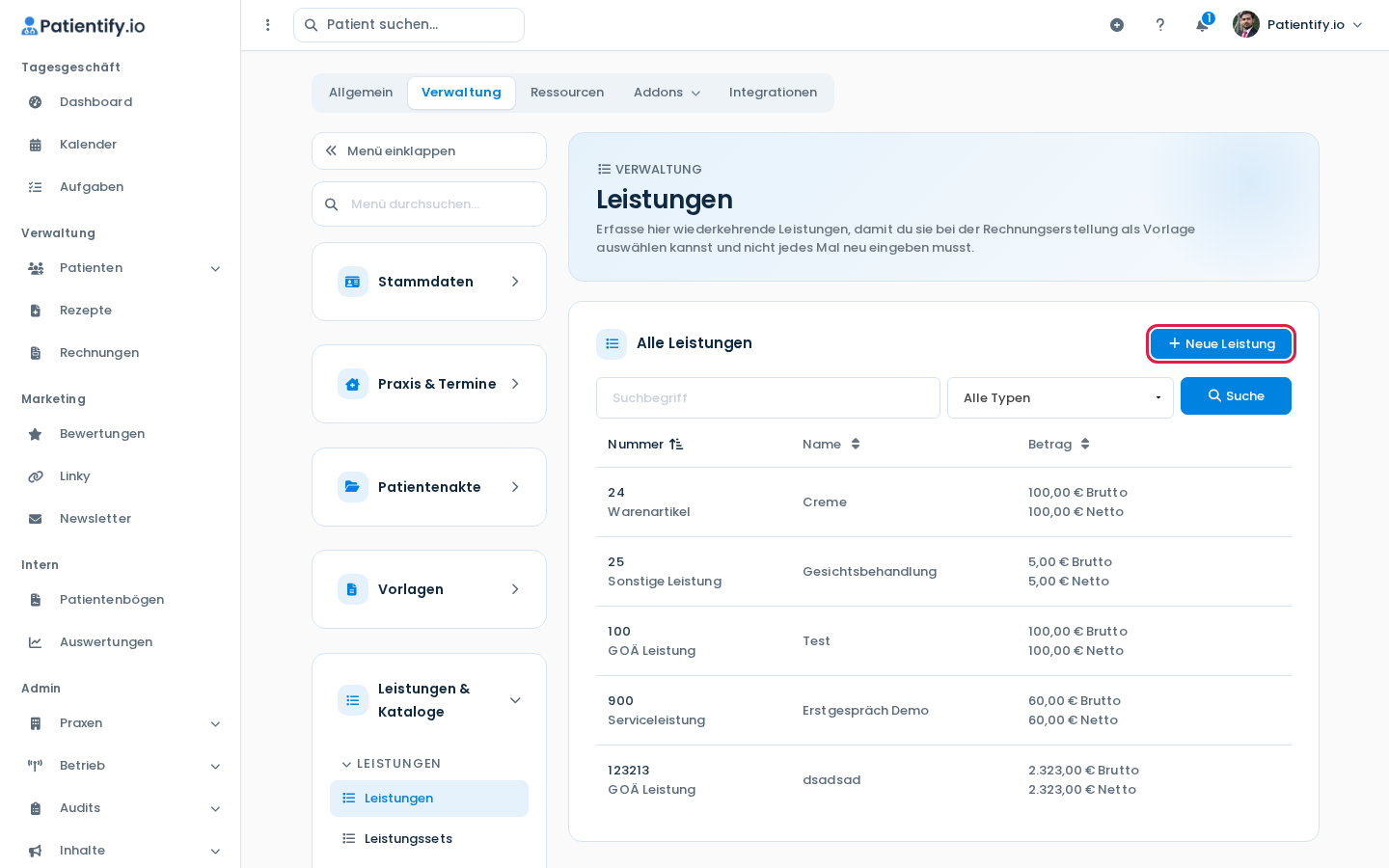 Liste Alle Leistungen mit dem Button Neue Leistung