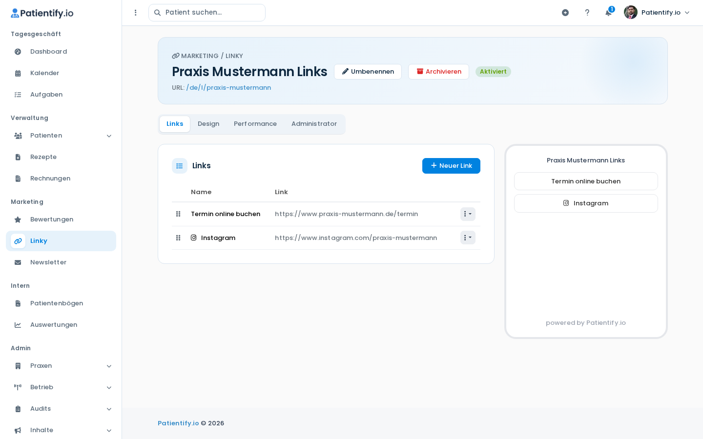 Linky mit Linkliste und Vorschau der öffentlichen Seite