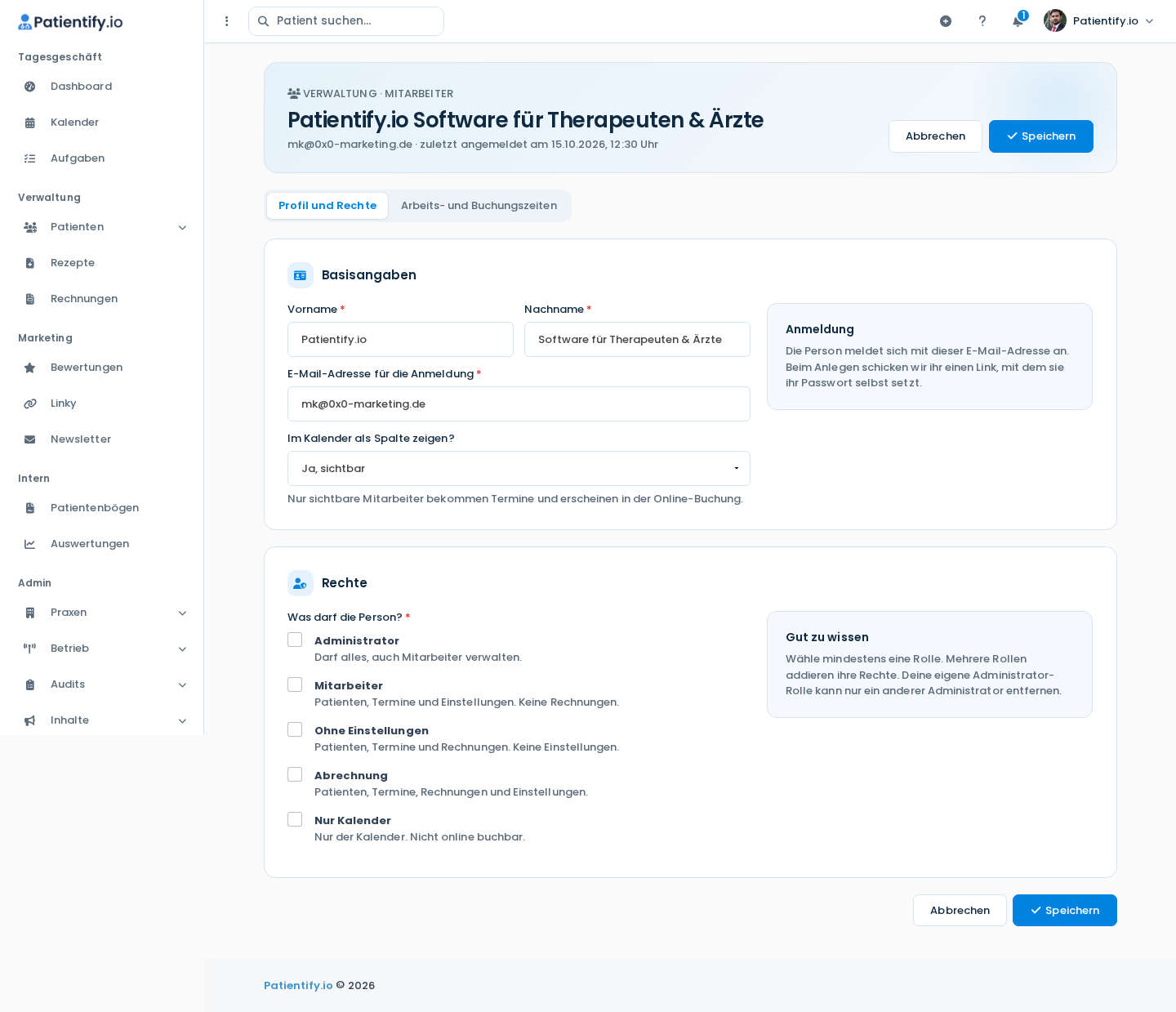 Detailansicht eines Mitarbeiters mit Basisangaben, Kalender-Sichtbarkeit und Rollen