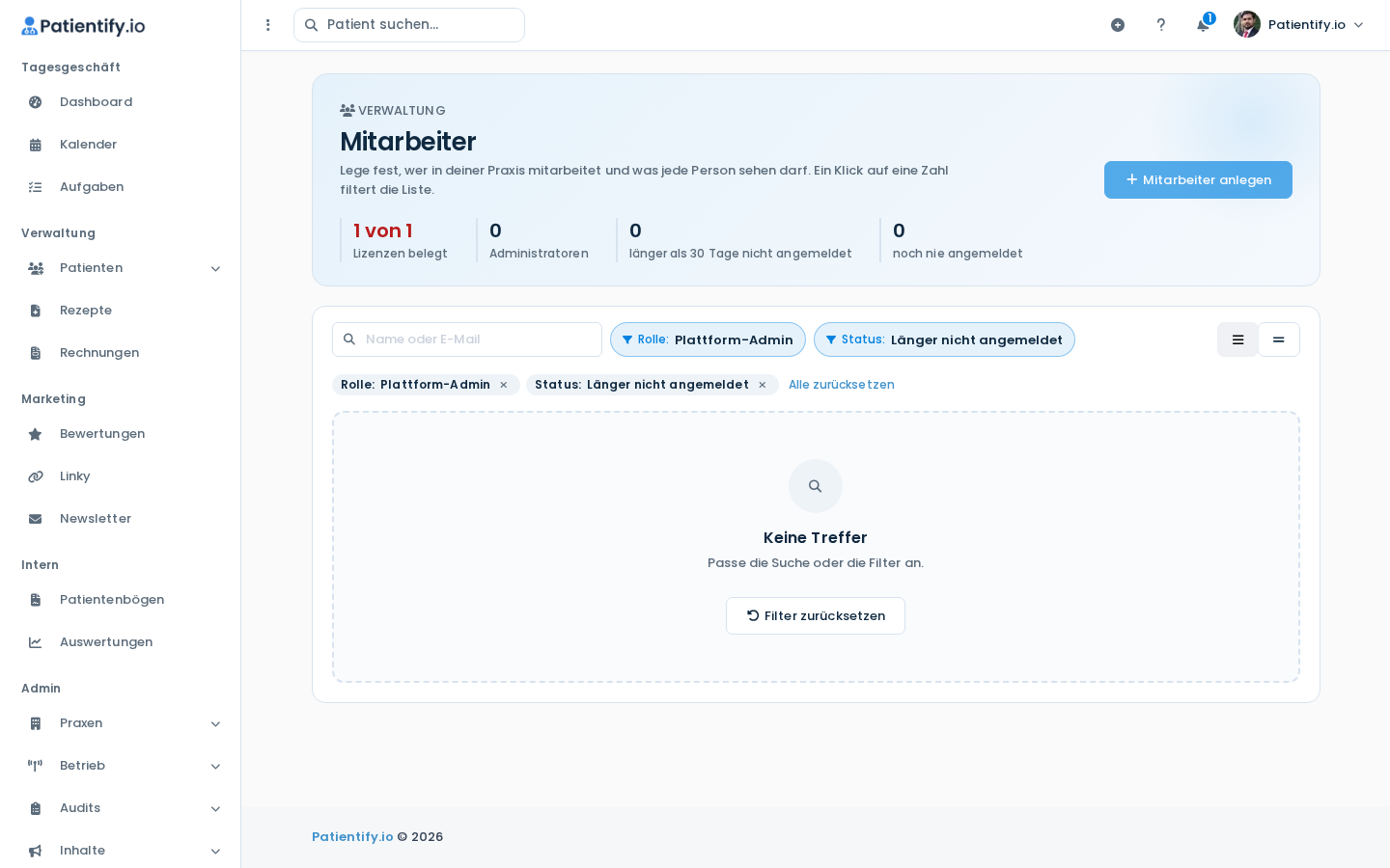 Aktive Filter als Chips über der Liste und Hinweis Keine Treffer