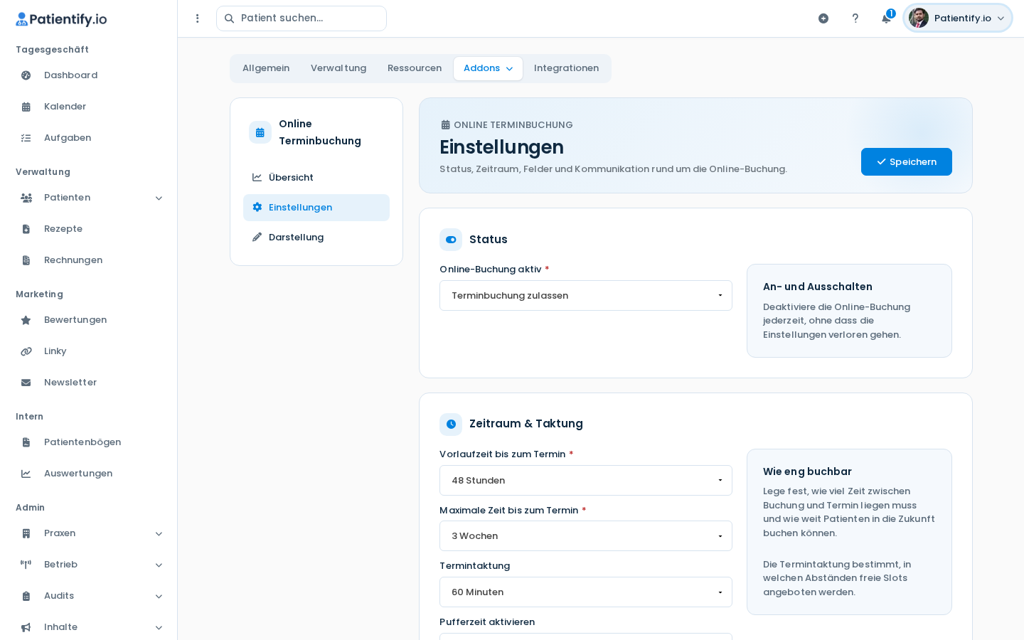 Abschnitt Zeitraum & Taktung mit Vorlaufzeit, maximaler Zeit und Termintaktung