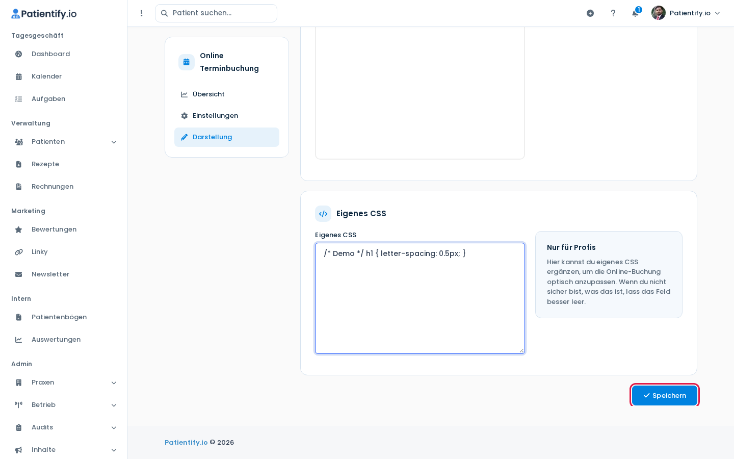 Bereich Eigenes CSS mit Textfeld und Speichern-Button