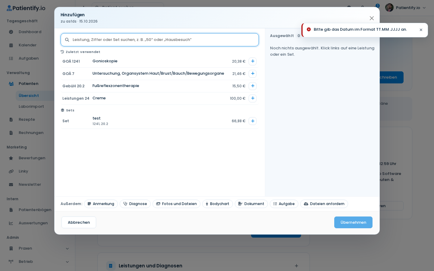 Dialog Hinzufügen mit dem Punkt Diagnose in der unteren Leiste
