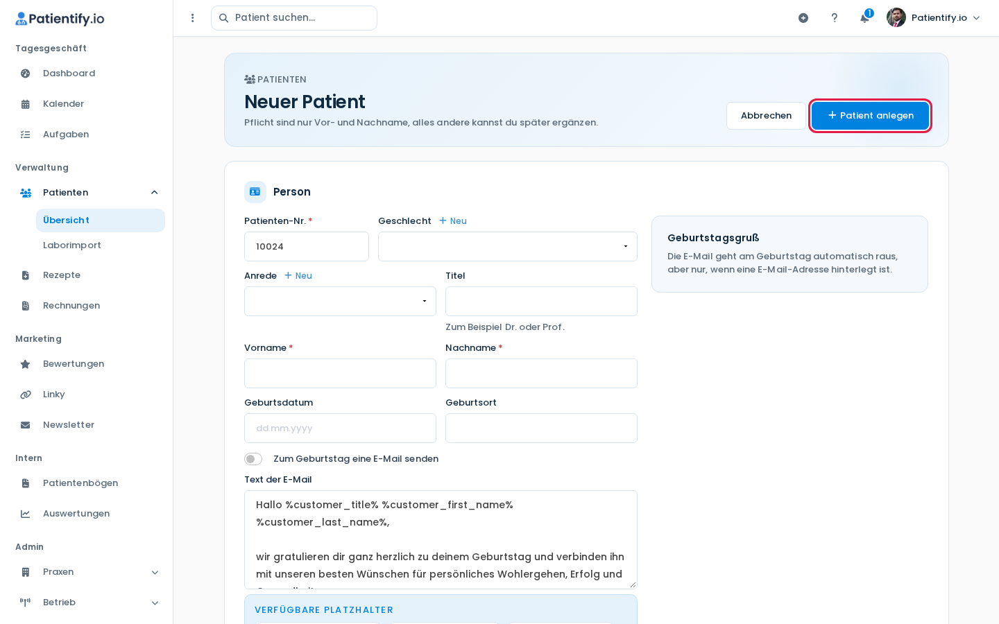 Formular Neuer Patient mit dem Button Patient anlegen