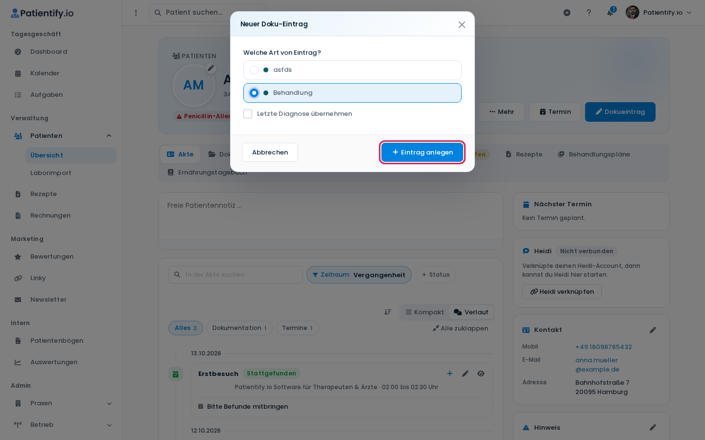 Dialog Neuer Doku-Eintrag mit Auswahl der Dokumentationsart